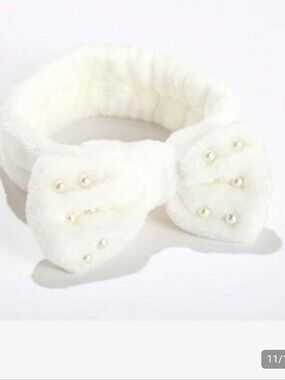 Cream Plush Bow Headband with Pearl Studs